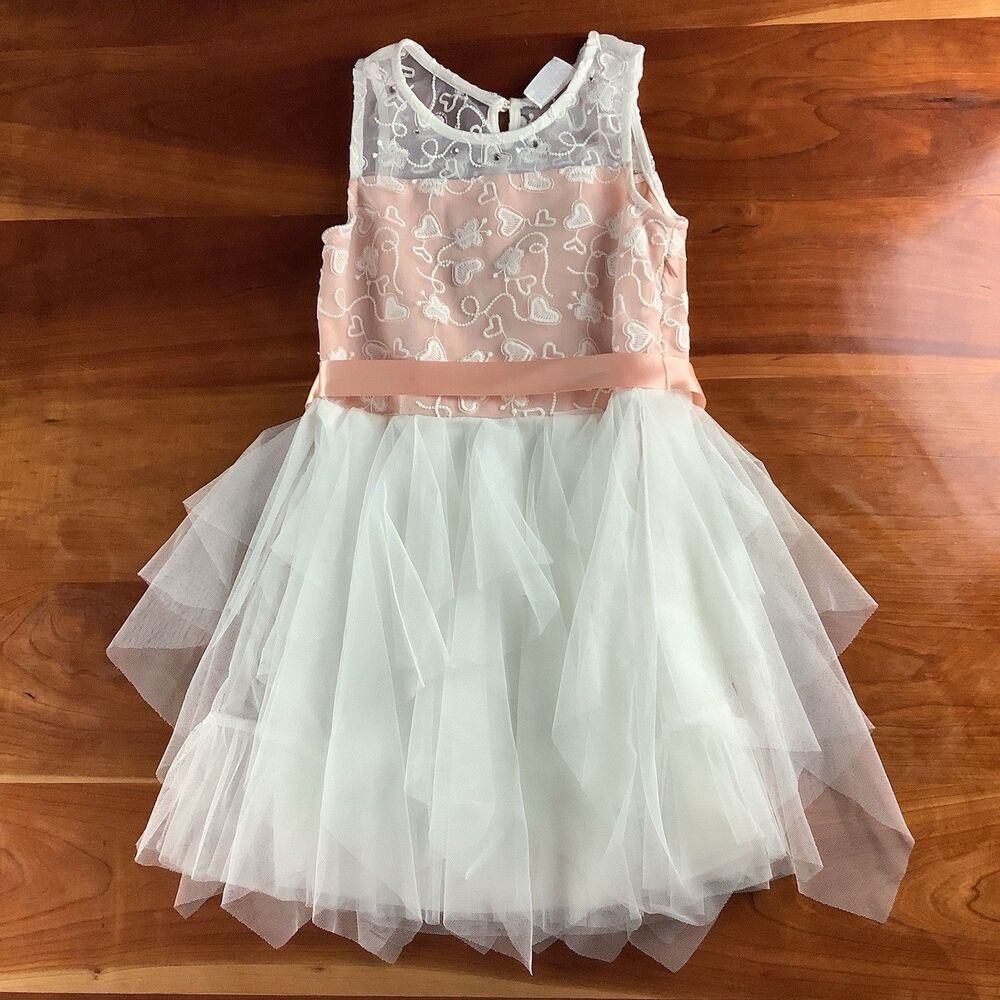 Beautees Layered Tulle Embroidery Dress Girls 6X Peach White Flower Girl Formal